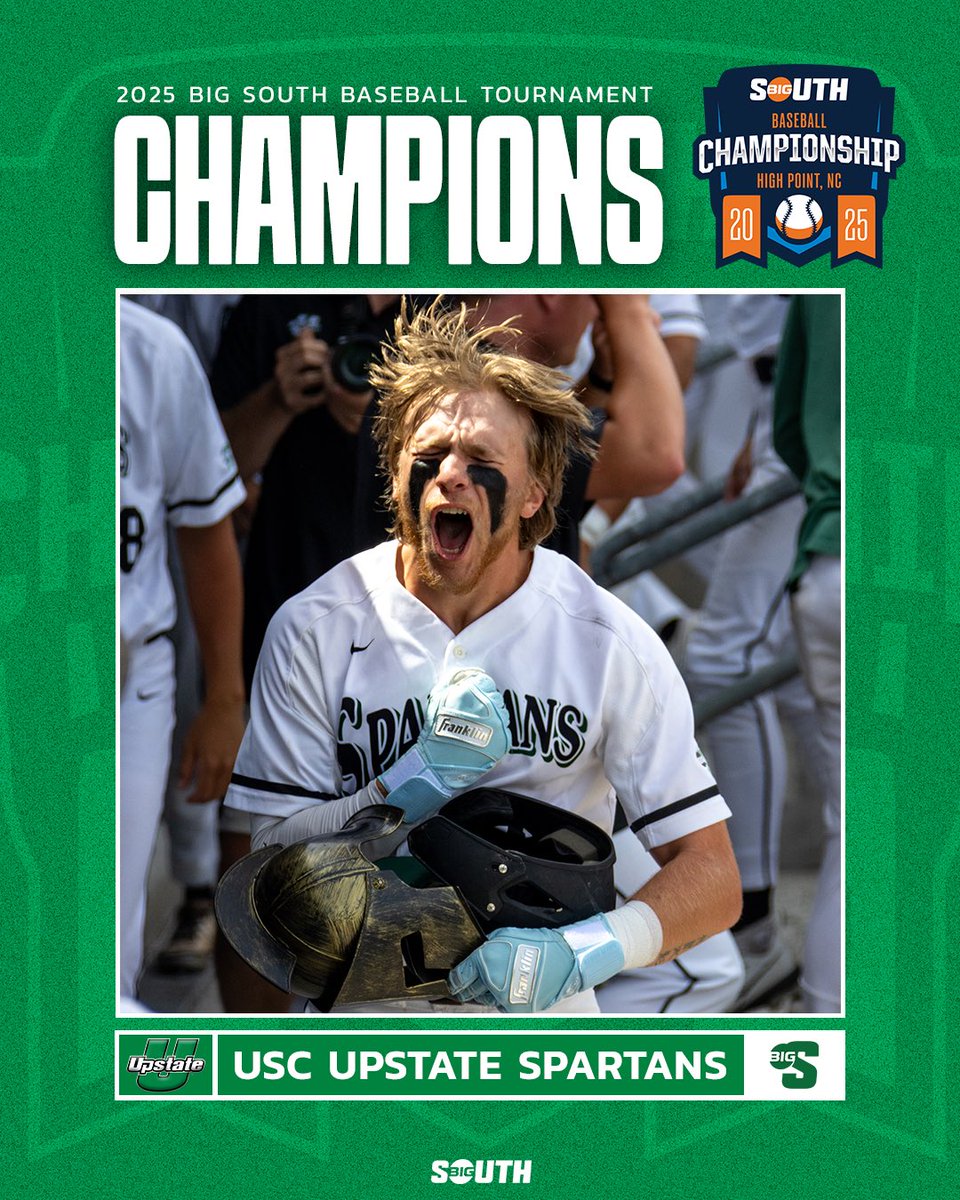Big South Conference (@bigsouthsports) on Twitter photo HISTORY MAKERS ๐
USC Upstate (<a href="/UpstateBSB/">USC Upstate Baseball</a>) wins the 2025 Big South Tournament Championship!
The Spartans punch their ticket to the NCAA Tournament for the first time in program history! HISTORY MAKERS ๐
USC Upstate (<a href="/UpstateBSB/">USC Upstate Baseball</a>) wins the 2025 Big South Tournament Championship!
The Spartans punch their ticket to the NCAA Tournament for the first time in program history!