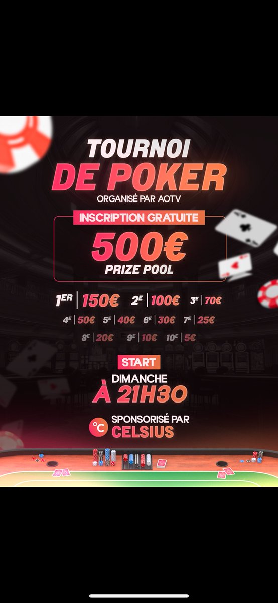 ♠️ Tournoi de Poker GRATUIT demain soir à 21h30 ! ♣️
500€ à gagner, les 10 premières places sont payées ! ♦️
Places limitées 🚨🚨
Inscris-toi ici : ⬇️

t.me/aotvpokernight

#Poker #Freeroll #TournoiPoker