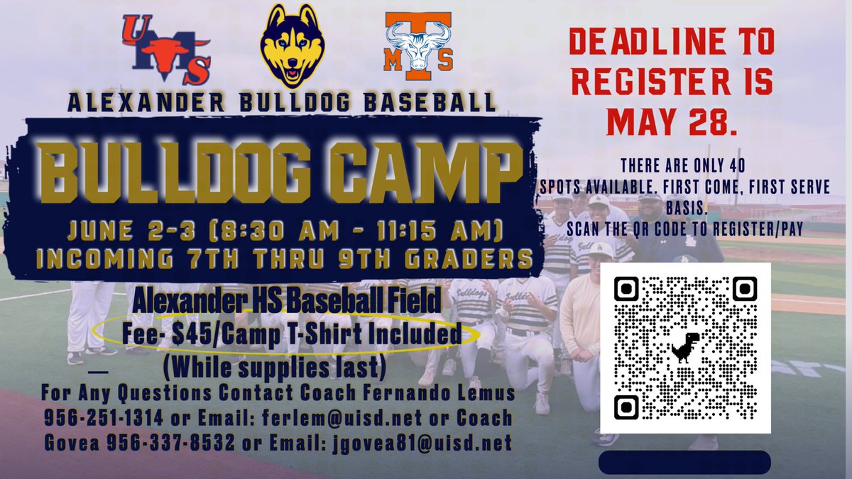 Alexander Bulldog Baseball Camp 

Incoming 7th-9th Graders. Only 40 spots available. First come, first serve basis. 

June 2nd-3rd

#EarnIt