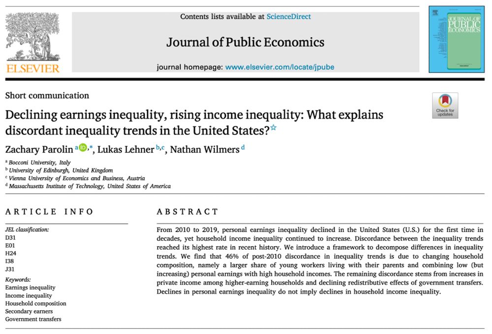 Journal of Public Economics (@jpubecon) on Twitter photo Recently published in <a href="/JPubEcon/">Journal of Public Economics</a>:
"Declining earnings inequality, rising income inequality: What explains discordant inequality trends in the United States?"
By @zparolin, <a href="/LukasLehner_/">Lukas Lehner</a>, <a href="/natewilmers/">Nathan Wilmers</a>
sciencedirect.com/science/articl…
#econtwitter Recently published in <a href="/JPubEcon/">Journal of Public Economics</a>:
"Declining earnings inequality, rising income inequality: What explains discordant inequality trends in the United States?"
By @zparolin, <a href="/LukasLehner_/">Lukas Lehner</a>, <a href="/natewilmers/">Nathan Wilmers</a>
sciencedirect.com/science/articl…
#econtwitter