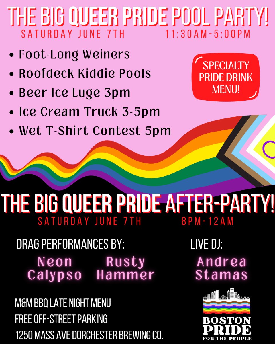 DorchesterBrew's tweet photo. Join us for an official Boston Pride For The People event: The Big Queer Pride Pool Party &amp; The Big Queer Pride After-Party here at DBCo! Plug SATURDAY, June 7th, All Day into your calendar now for the BIGGEST, QUEEREST party of PRIDE MONTH! https://t.co/ZANHHkgVDC