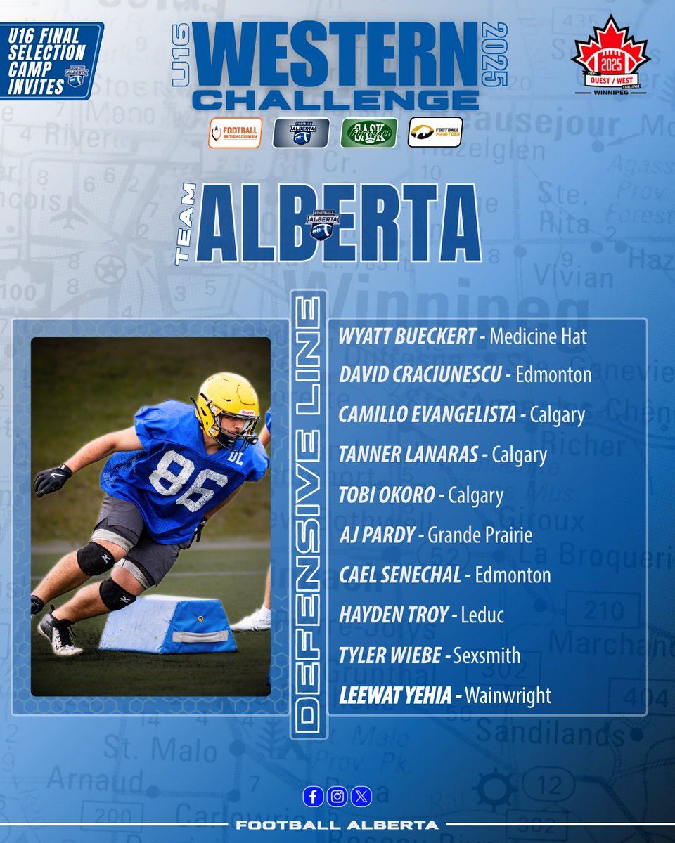 FootballAlberta's tweet photo. Here are the Defensive invitees to our U16 Final Selection camp. We will be in Red Deer, AB from June 14th to the 15th for four practices.

60 players will compete for our final 40-man team Alberta U16 roster.

Lets go Berta!💙🤍 https://t.co/fXE3cpRlIg