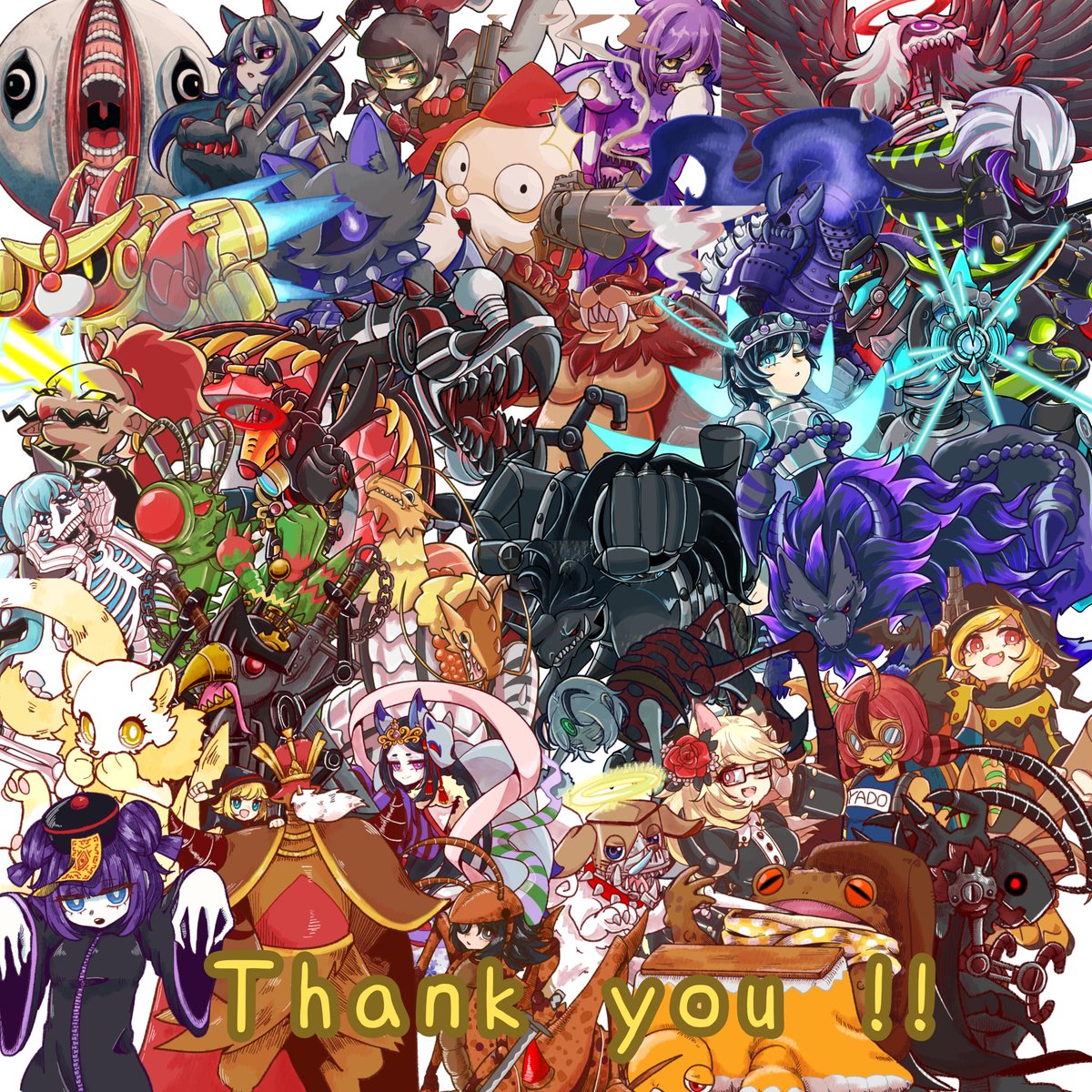 というわけで…こちらへ応募してくださった34名の方のキャラを描き終わることができました！
まとめてみましたが…多種多様でカオス！まさにモンクリ！ですね
描いてて本当に楽しかったです！全てのモンクリエイター様へ感謝を！ありがとうございました〜！
 #モンクリ  #モンクリお絵描き