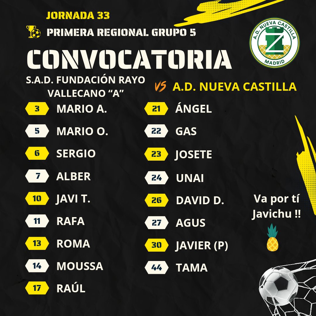 🅼🅰🆃🅲🅷 🅳🅰🆈

🗓️ Jornada 33

🕔 11:00

🆚 SAD Fundación Rayo Vallecano "A"

🏟️ CD Fundación Rayo Vallecano 

#ADNuevaCastilla💛💚