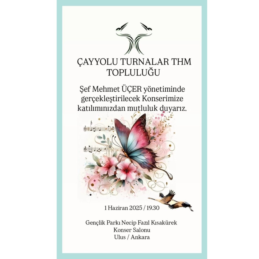 ekip's tweet photo. Sevgili dostlar,
1 Haziran Pazar günü akşamı  ÇAYYOLU TURNALAR THM TOPLULUĞUNUN sezon sonu konseri olacaktır.
Türkü severleri konserimize bekliyoruz.
Tarih: 01 Haziran 2025 Pazar 19:30
Yer:Gençlik Parkı, Necip Fazıl Kısakürek Konser Salonu 
Ulus Metro istasyonu
#konser #türkü https://t.co/FqiEtTYy7z