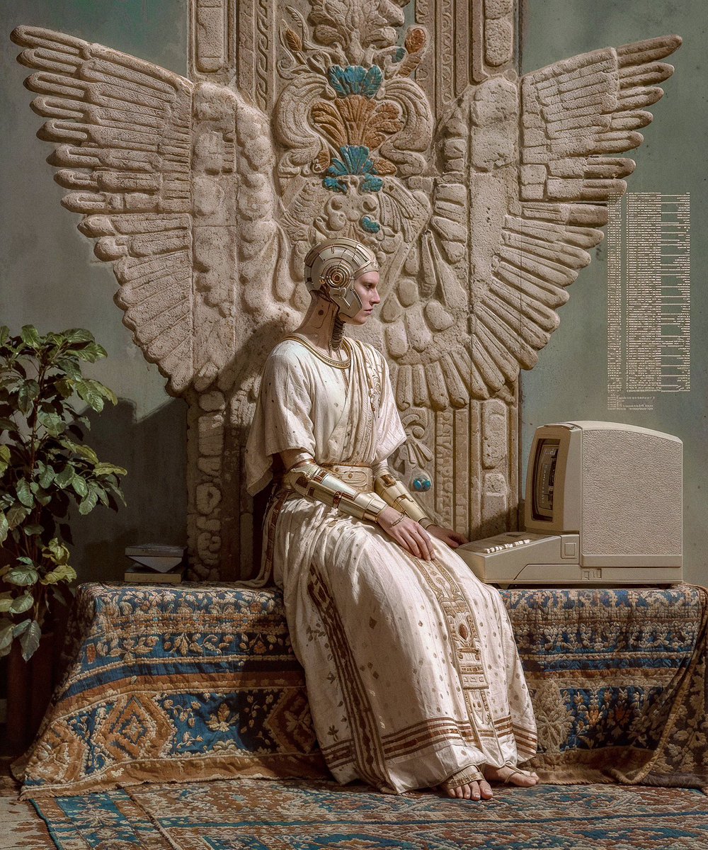 7onwards's tweet photo. She sits in silence, crowned with light,
Between old stone and future’s might.
Machine and myth in form combined,
She dreams the fate of humankind.

The Priestess of Code and Stone. https://t.co/7lEF1HkwZx