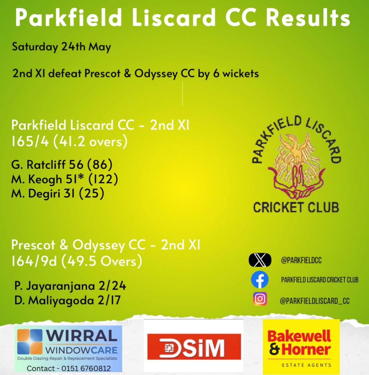 Parkfield Liscard CC (@parkfieldcc) on Twitter photo ‼️RESULTS‼️
Friday:
1st XI Lost by 6 runs to <a href="/PortSunlightCC/">Port Sunlight CC</a>
Saturday:
1st XI Lost by 8 wickets to <a href="/NorleyHallCC/">Norley Hall CC</a>
2nd XI Win by 6 wickets to <a href="/PrescotOdyssey/">Prescot & Odyssey CC</a> ‼️RESULTS‼️
Friday:
1st XI Lost by 6 runs to <a href="/PortSunlightCC/">Port Sunlight CC</a>
Saturday:
1st XI Lost by 8 wickets to <a href="/NorleyHallCC/">Norley Hall CC</a>
2nd XI Win by 6 wickets to <a href="/PrescotOdyssey/">Prescot & Odyssey CC</a>