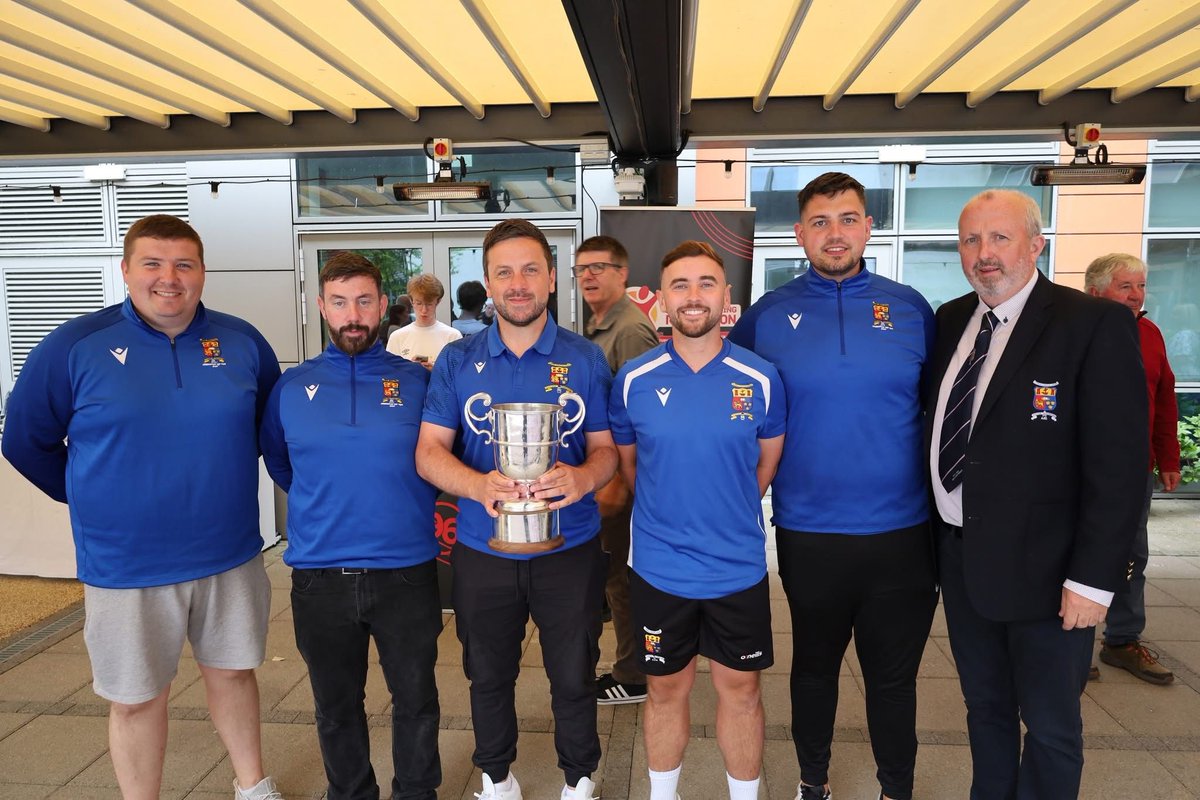 collegecors's tweet photo. 🔵⚪️College Corinthians were well represented yesterday at the annual club colours day at Marymount hospice in association with radiothon and 96fm. Pictured here is the FAI Intermediate Cup manager @GaryHackett10 holding the cup along with his coaching team, https://t.co/CK1Hq7d44i