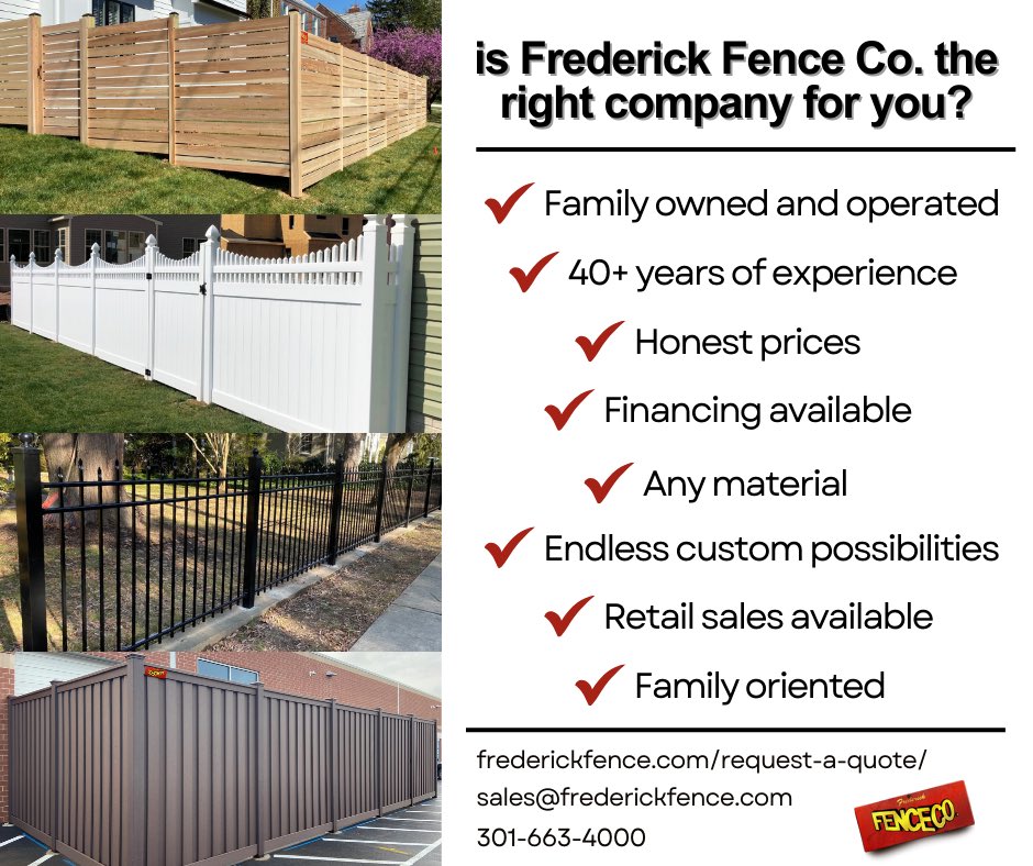 Frederick County, MD (@frederickcounty) on Twitter photo 🏡 Thinking about upgrading your property with a beautiful, durable fence?
🔨 Look no further than <a href="/FREDERICKFENCE/">Frederick Fence</a> Co. – proudly family owned & operated for over 40 years!
✔️ Honest pricing
✔️ Financing available
✔️ Any material, any style
✔️ Endless custom possibilities 🏡 Thinking about upgrading your property with a beautiful, durable fence?
🔨 Look no further than <a href="/FREDERICKFENCE/">Frederick Fence</a> Co. – proudly family owned & operated for over 40 years!
✔️ Honest pricing
✔️ Financing available
✔️ Any material, any style
✔️ Endless custom possibilities