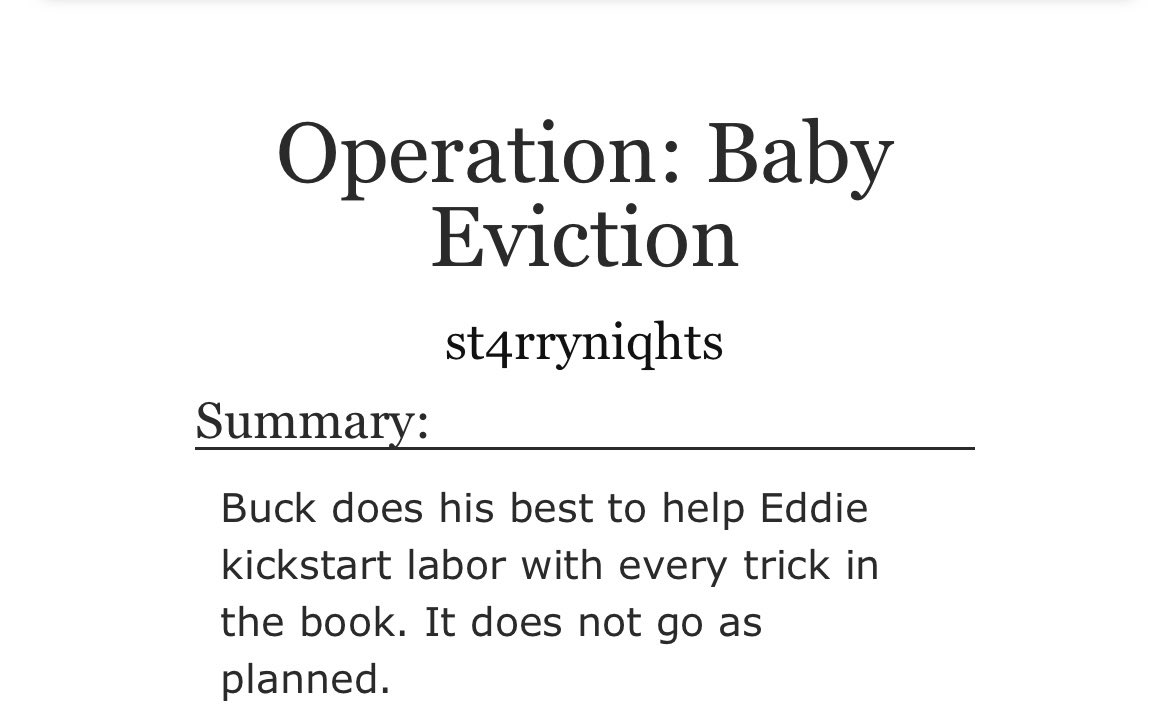 Operation: Baby Eviction

teen rating | 2.7k | oneshot 

pregnant eddie diaz, married buddie, mpreg, crack treated seriously, fluff,  teen chris 

🔗: archiveofourown.org/works/65798416

for the #knockeddieup summer project created by <a href="/firehosebvk/">pregnant princess eddie diaz|| PROJECT OUT ☀️</a> and <a href="/cinnabondiaz/">wren</a>!!