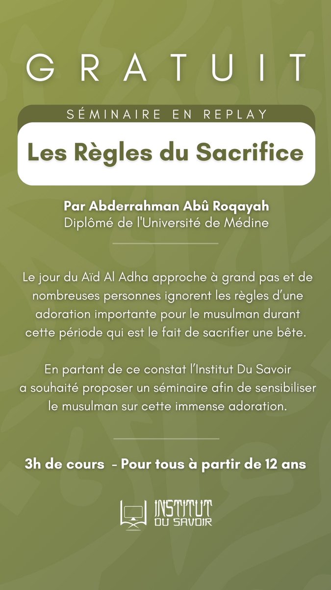 📚Séminaire « Les règles du sacrifice » disponible gratuitement !

👉🏼 Profites-en ici :
institut-du-savoir.thrivecart.com/les-regles-du-…

Disponible en replay, avec support PDF complet.

Au programme :
• Les sagesses derrière cette adoration
• Son jugement religieux
• Ce qu’il faut sacrifier, quand et