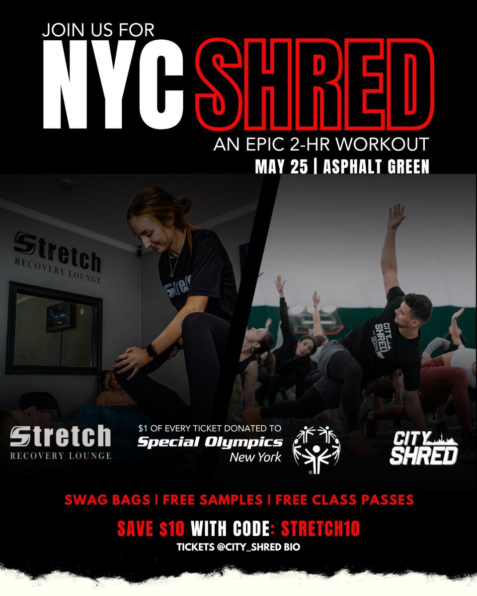 We’re excited to be the official assisted stretching partner for the NYC edition of @city_shred — an epic 2-hour group workout experience on the Upper East Side turf!

Join us tomorrow, 5/25 at 8:30 AM for a high-energy sweat  session and a recovery stretch with our team!