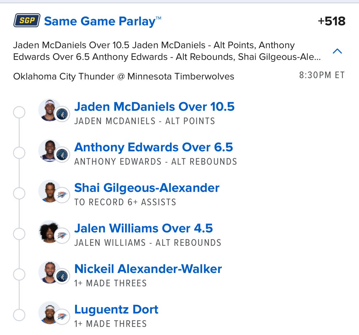 onlyparlays's tweet image. Game 3 SGP (+518) 💎