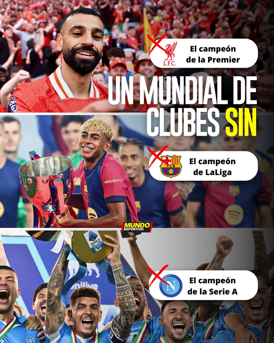 ❌ El Mundial de Clubes no contará con: 

📌 El campeón de la Premier: Liverpool
📌 El campeón de LaLiga: Barça
📌 El campeón de la Serie A: Nápoles 

🙃 Los tres mejores equipos de las tres mejores ligas del mundo no estarán en el nuevo torneo de este verano