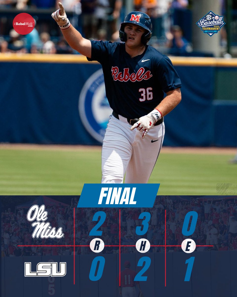 FINAL: Ole Miss 2 - LSU 0

The Rebels will advance to the SEC Tournament final and take on the Vanderbilt Commodores at 12 p.m. CT tomorrow. The pitching staff has posted 16 consecutive scoreless innings for Ole Miss; what a performance from a team that was picked to finish 15th
