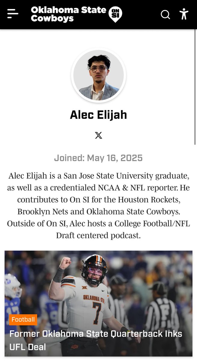 CFBAlecElijah's tweet photo. Ecstatic to announce that following my college graduation at San Jose State, I have been blessed with the opportunity to cover the Houston Rockets &amp; Brooklyn Nets along with the OSU Cowboys as a writer for On SI, part of the Sports Illustrated Network. 🖊️ https://t.co/Z1aD0akVwt