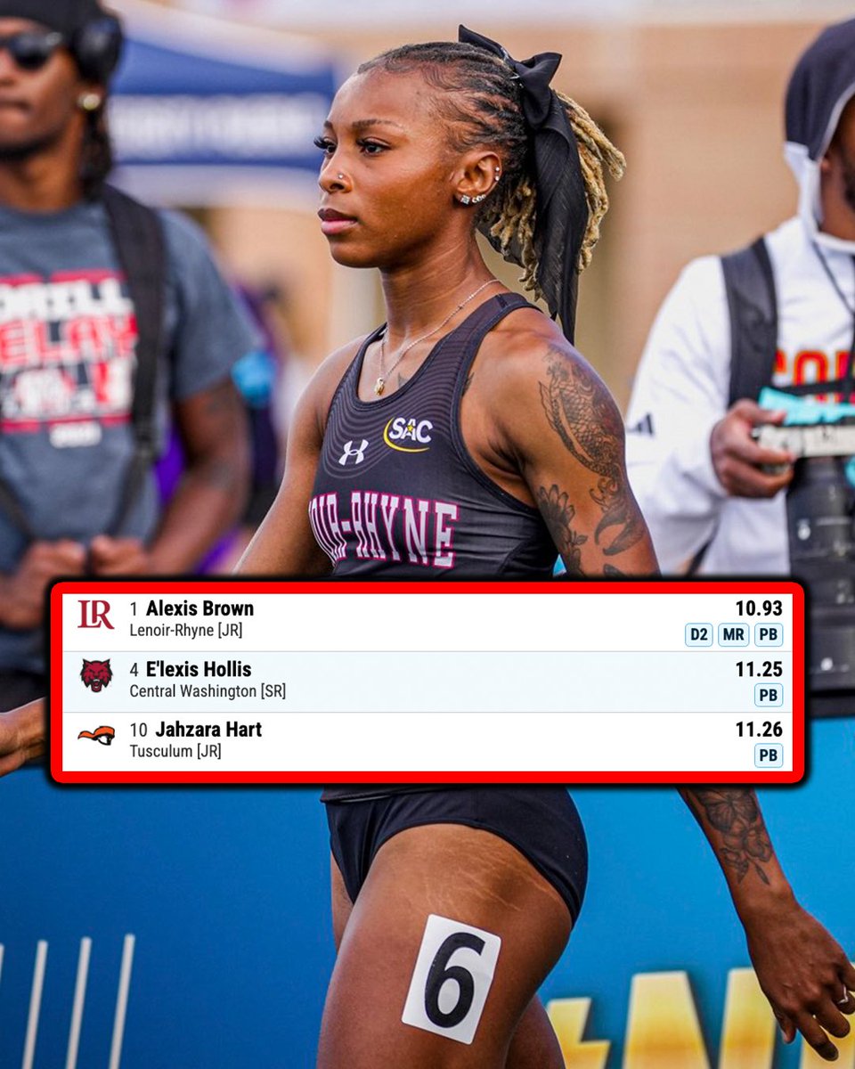 Travis Miller (@travismillerx13) on Twitter photo Alexis Brown runs a 10.93 (+1.8) NCAA DII 100m record at the NCAA DII Champs! First-ever DII woman sub-11s!
(๐ท: <a href="/LRbears/">Lenoir-Rhyne Bears</a>) Alexis Brown runs a 10.93 (+1.8) NCAA DII 100m record at the NCAA DII Champs! First-ever DII woman sub-11s!
(๐ท: <a href="/LRbears/">Lenoir-Rhyne Bears</a>)