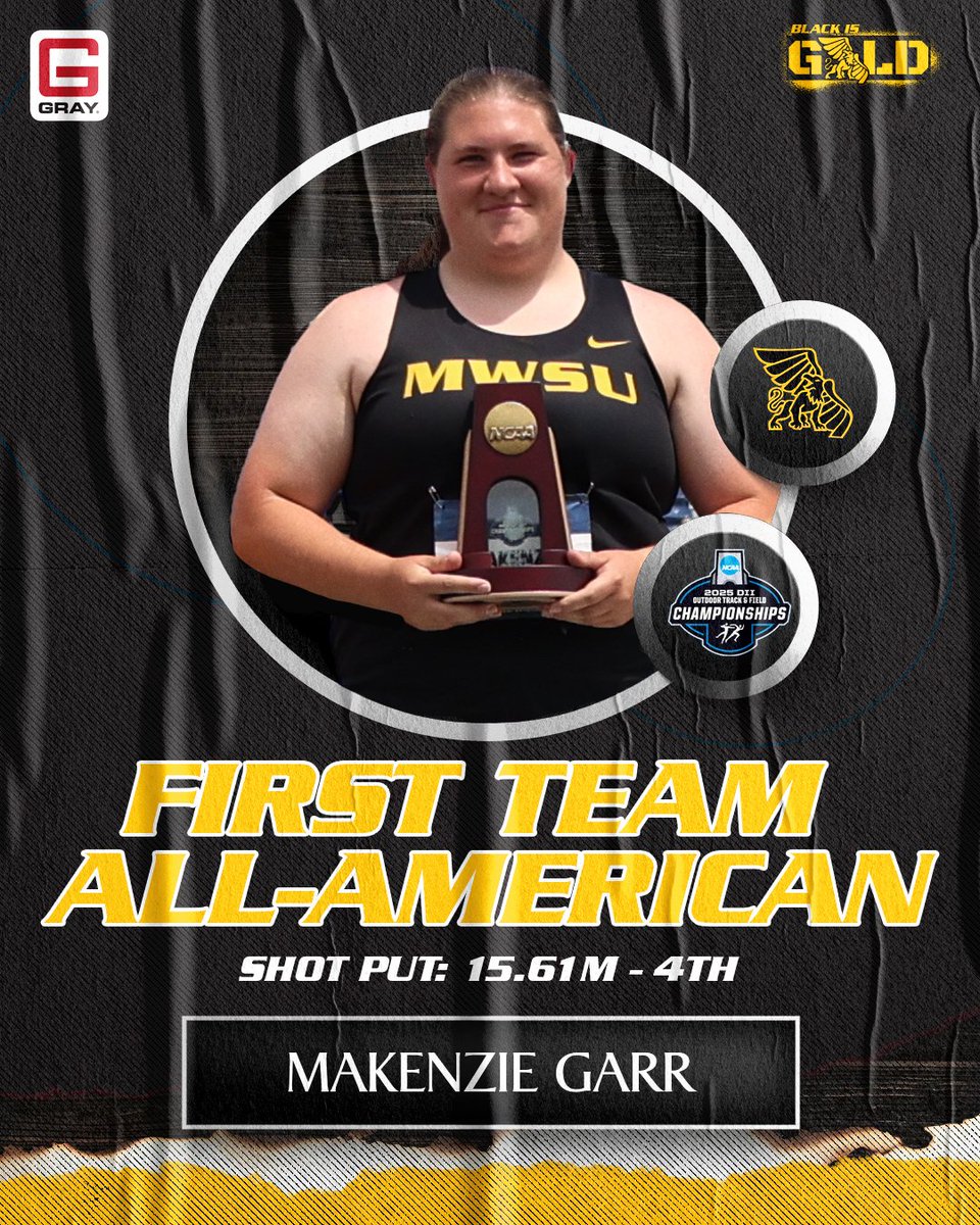 Missouri Western Athletics (@mwsugriffons) on Twitter photo Congratulations to <a href="/MwsuTf/">MWSU XC/TF</a>'s Makenzie Garr on finishing fourth in shot put to earn All-American honors! 👏
#BlackisGold🔔 Congratulations to <a href="/MwsuTf/">MWSU XC/TF</a>'s Makenzie Garr on finishing fourth in shot put to earn All-American honors! 👏
#BlackisGold🔔