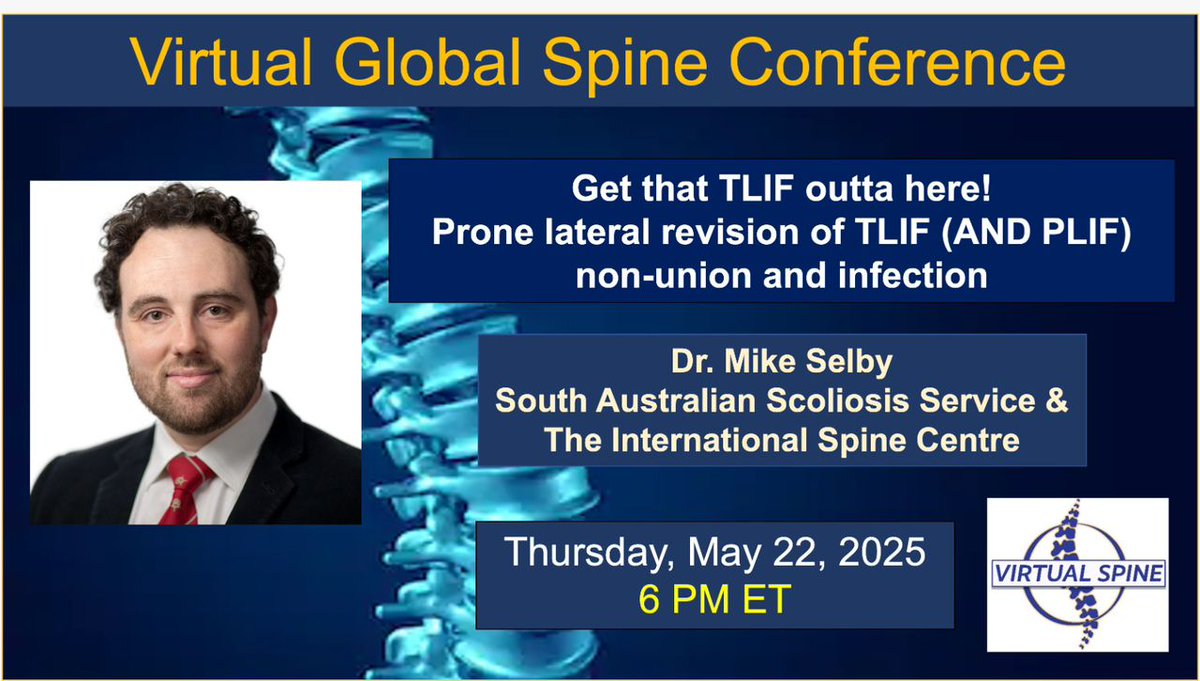 Virtual Global Spine Conference (@virtualspine) on Twitter photo 🎥 Missed the live session? Dr. <a href="/drmikeselby/">Dr Mike Selby</a>’s dive into the prone lateral revision of TLIF/PLIF non-union & infection from the <a href="/virtualspine/">Virtual Global Spine Conference</a> Conference is now available on YouTube!
📺 Watch now: youtube.com/watch?v=ZZaM8D…
#Neurosurgery #Orthopedics #SpineSurgery #PLIF #TLIF #Spine 🎥 Missed the live session? Dr. <a href="/drmikeselby/">Dr Mike Selby</a>’s dive into the prone lateral revision of TLIF/PLIF non-union & infection from the <a href="/virtualspine/">Virtual Global Spine Conference</a> Conference is now available on YouTube!
📺 Watch now: youtube.com/watch?v=ZZaM8D…
#Neurosurgery #Orthopedics #SpineSurgery #PLIF #TLIF #Spine