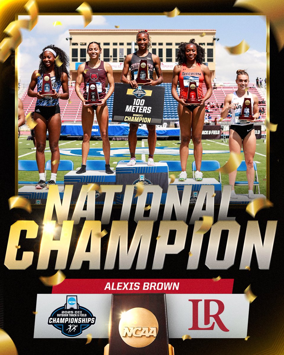 NCAA Division II (@ncaadii) on Twitter photo ALEXIS. BROWN. ๐ณ
Alexis Brown of <a href="/LRbears/">Lenoir-Rhyne Bears</a> goes sub 11 to break a DII and Meet record and secures the 2025 DII Outdoor National Championship in the 100m with a time of 10.93!
#D2WOTF | #MakeItYours ALEXIS. BROWN. ๐ณ
Alexis Brown of <a href="/LRbears/">Lenoir-Rhyne Bears</a> goes sub 11 to break a DII and Meet record and secures the 2025 DII Outdoor National Championship in the 100m with a time of 10.93!
#D2WOTF | #MakeItYours