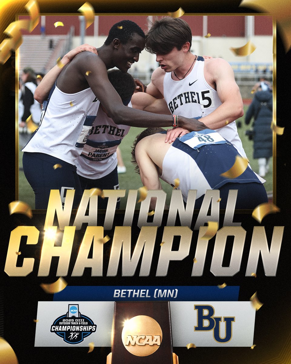 NCAA Division III (@ncaadiii) on Twitter photo NATIONAL CHAMPION🏆
<a href="/BethelRoyals/">Bethel Royals</a> win the men's 4x400m relay in record-breaking fashion, posting a time of 3:06.52.
#WhyD3 | NATIONAL CHAMPION🏆
<a href="/BethelRoyals/">Bethel Royals</a> win the men's 4x400m relay in record-breaking fashion, posting a time of 3:06.52.
#WhyD3 |