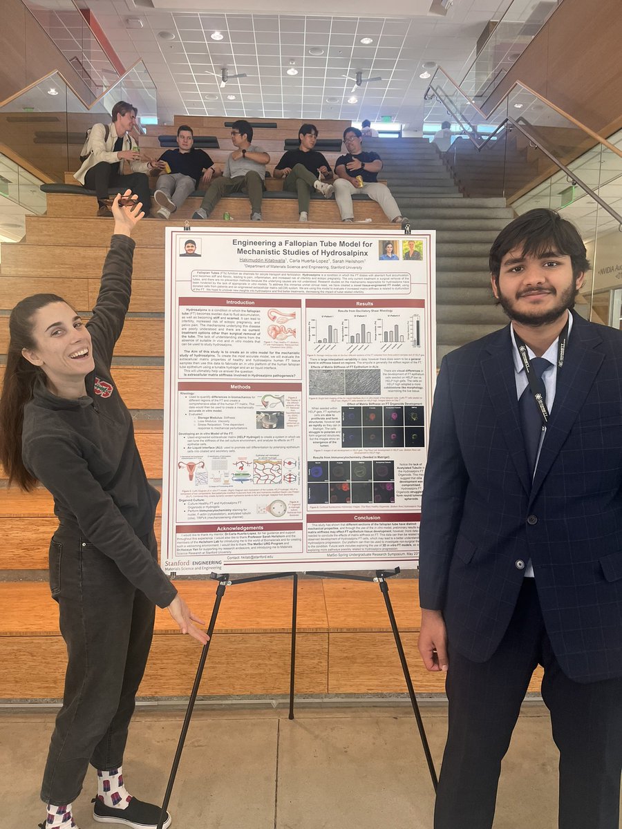 heilshornlab's tweet photo. End of the quarter means celebrating our awesome undergrads! Shout out to Hakim and Sanjana (pictured with mentors @chuerti and @daiyao_zhang) for giving awesome posters at the MatSci Spring Undergraduate Research Symposium! 🧑‍🔬 @StanfordMSE https://t.co/W1GYvhswAe