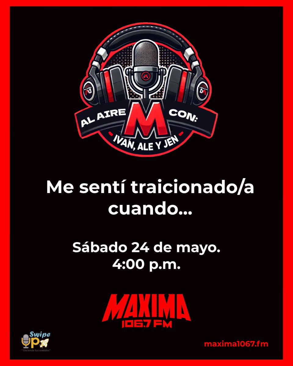 Alejandra Magallanes ♔ (@aleeyudelevy) on Twitter photo #Sábado de #AlAire con <a href="/IvanMichelfm/">Iván Michel</a> Ale y <a href="/HolaSoyJennFM/">HolaSoyJennFM</a>.
Cuéntanos ¿Cuál fue la ocasión en la que sentiste traicionado?💔
Porque hoy ¡TE LLEVAMOS AL #CINE! Todos los comentarios estarán participando por un pase doble.
📻 Escúchanos a partir de las 4:00 🕓 por <a href="/MAXIMA1067FM/">MÁXIMA 106.7 FM</a>. #Sábado de #AlAire con <a href="/IvanMichelfm/">Iván Michel</a> Ale y <a href="/HolaSoyJennFM/">HolaSoyJennFM</a>.
Cuéntanos ¿Cuál fue la ocasión en la que sentiste traicionado?💔
Porque hoy ¡TE LLEVAMOS AL #CINE! Todos los comentarios estarán participando por un pase doble.
📻 Escúchanos a partir de las 4:00 🕓 por <a href="/MAXIMA1067FM/">MÁXIMA 106.7 FM</a>.