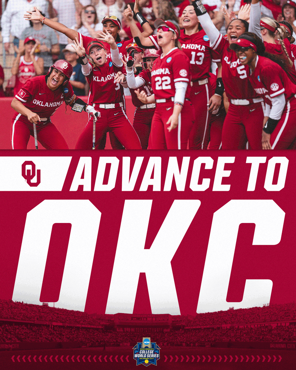 NCAA Softball (@ncaasoftball) on Twitter photo SEE YOU SOONERS IN OKC ☝️
(2) <a href="/OU_Softball/">Oklahoma Softball</a> defeats (15) Alabama, 13-2 (5 inn.), to advance to the #WCWS for the 18th time in program history!
#RoadToWCWS SEE YOU SOONERS IN OKC ☝️
(2) <a href="/OU_Softball/">Oklahoma Softball</a> defeats (15) Alabama, 13-2 (5 inn.), to advance to the #WCWS for the 18th time in program history!
#RoadToWCWS