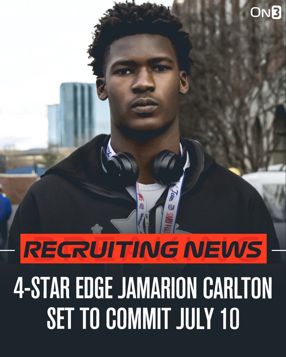 🚨NEWS🚨 Elite EDGE Jamarion Carlton will announce his commitment on July 10⌛️

Carlton ranks No. 43 NATL. (No. 8 EDGE) in the 2026 class⭐️

Read: on3.com/college/usc-tr…