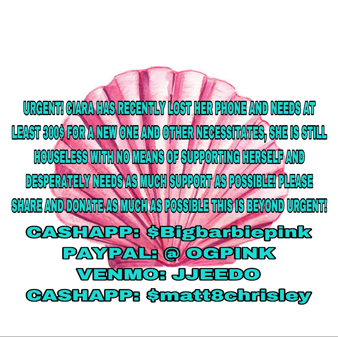 redstar_state's tweet photo. URGENT! CIARA @loveandHrt LOST HER PHONE & NEEDS AT LEAST 300$ FOR A NEW ONE AND OTHER NECESSITATES, SHE IS STILL HOUSELESS WITH NO MEANS OF SUPPORTING HERSELF & NEEDS AS MUCH SUPPORT AS POSSIBLE!
CASHAPP: $Bigbarbiepink
PAYPAL: @ OGPINK
VENMO: JJEEDO
CASHAPP: $matt8chrisley https://t.co/BH5rI4URog