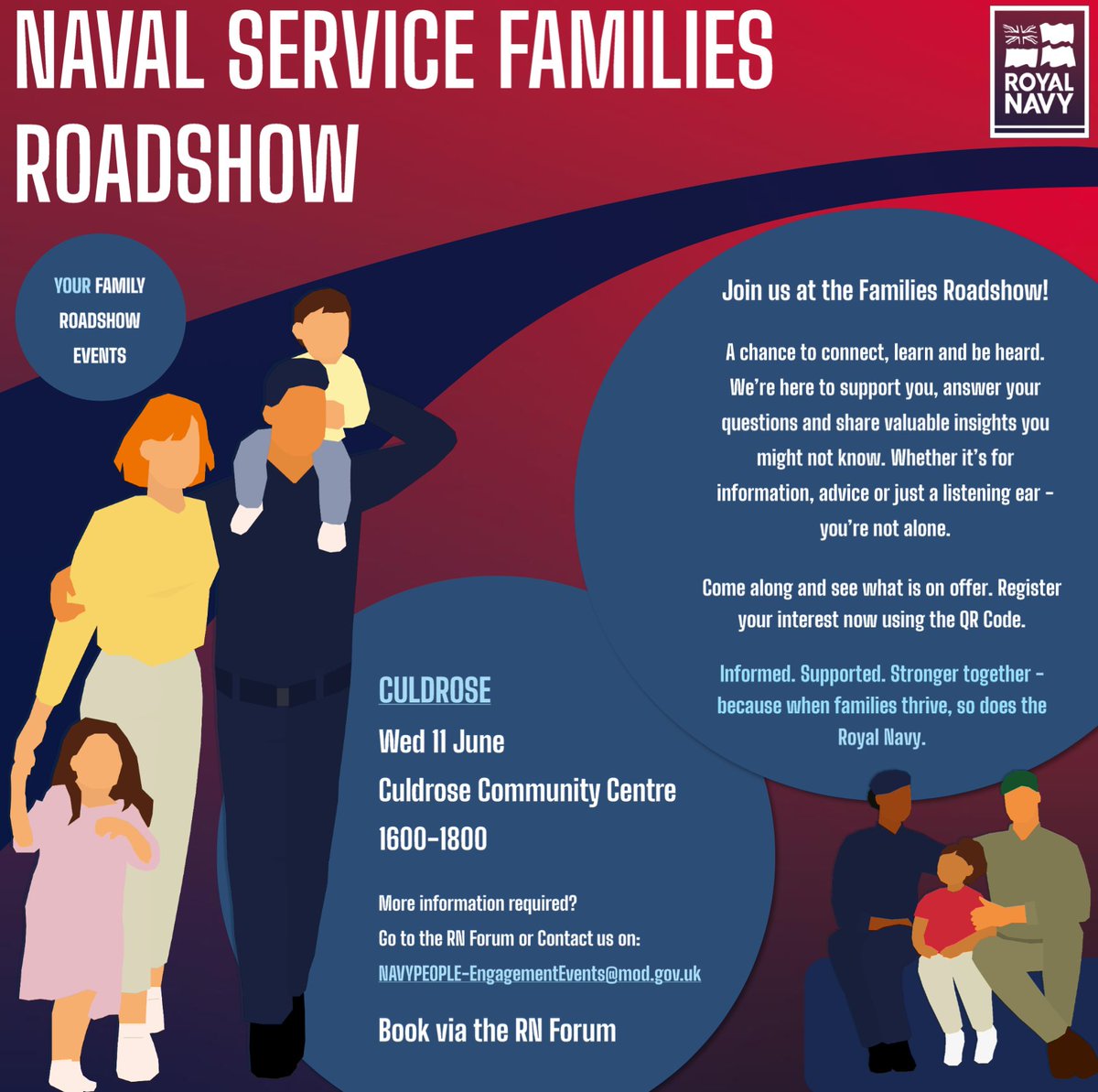 Calling all Naval Service Families! ⚓️ - Culdrose

Naval Service Families Roadshow. Whether you’re looking for information, advice or simply a listening ear, we’re here for you. Register your interest 📝
forum.royalnavy.mod.uk/topics/news-an…
#royalnavalfamilies #NavalFamilies #FamilyRoadshow