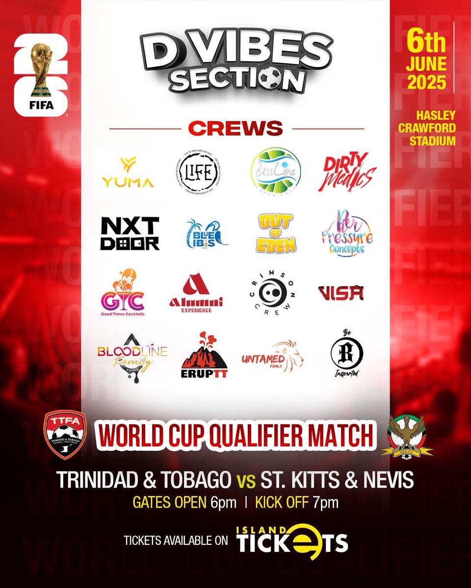 The biggest and hottest crews are linking up in D Vibes Section as Trinidad &amp; Tobago take on St Kitts &amp; Nevis in a MUST-WIN World Cup Qualifier!⁣⁣ 🇹🇹🇹🇹🇹🇹
The Vibes is HERE… Where are YOU?!⁣⁣
⁣⁣
Both Physical Tickets and Online Tickets Are Available [Link in Bio] 📲⁣⁣