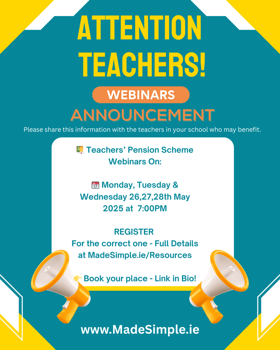 LAST CALL: 
👨🏫 Teachers’ Pension Scheme Webinars On:

📆 Monday, Tuesday &amp; Wednesday 26,27,28th May 2025 at  7:00PM

Make sure to REGISTER for the correct one - Full Details at MadeSimple.ie/Resources

👉 Book your place - Link in Bio!