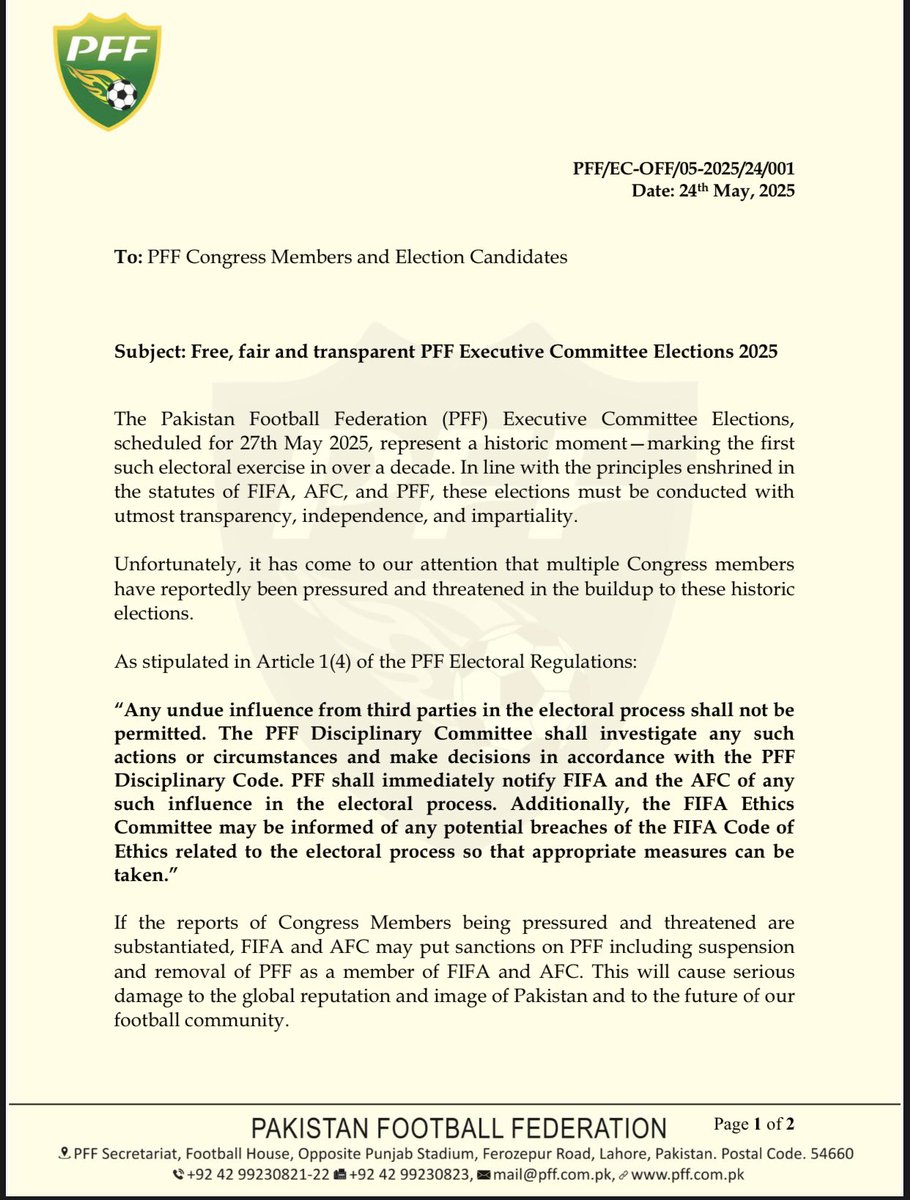 izeeshaan3's tweet photo. The PFF Electoral Committee has issued a strong warning ahead of the 27 May Executive Committee elections, citing reports of Congress members being pressured. Any interference violates Article 1(4) of the Electoral Regulations and may result in sanctions from FIFA/AFC, including suspension. The Committee urges all stakeholders to ensure a free, fair, and transparent process. 📖👇