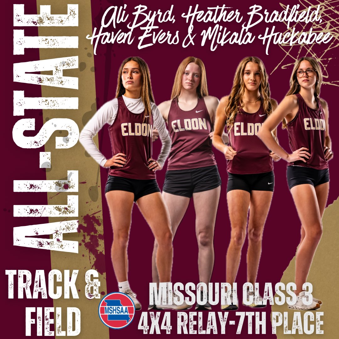 Congratulations to Girls 4x400 meter relay of  Ali Byrd, Heather Bradfield, Haven Evers &amp; Mikala Huckabee for taking 7th place at the 2025 MSHSAA State Track and Field meet! They ran a 4:14.43 to earn all-state honors! #MustangMade
