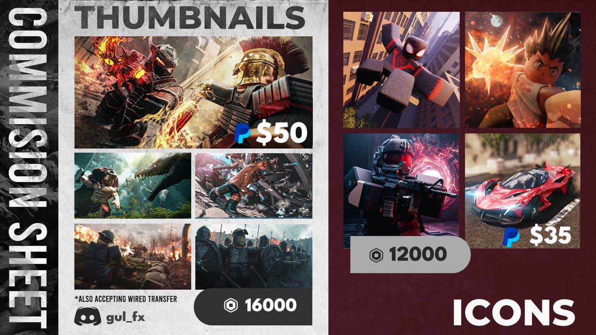 New 2025 Commission sheet with less price!😁💵

 DM me on Discord @gul_fx or twitter if you are interested in ordering :D

#Roblox #RobloxGFX #Robloxart #RobloxDev