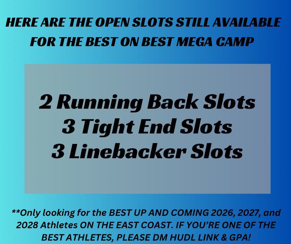 ELITE 360 Recruiting (@elite360recruit) on Twitter photo 🚨OPEN SLOTS STILL AVAILABLE🚨
What: Coach Gut’s BEST ON BEST Mega Camp powered by <a href="/elite360recruit/">ELITE 360 Recruiting</a>
Only want the BEST UP & COMING 2026, 27 & 28 Athletes on the East Coast! IF YOU’RE ONE OF THE TOP ATHLETES, PLEASE DM HUDL LINK & GPA!
*GREAT OPPORTUNITY FOR EXPOSURE & OFFERS 🚨OPEN SLOTS STILL AVAILABLE🚨
What: Coach Gut’s BEST ON BEST Mega Camp powered by <a href="/elite360recruit/">ELITE 360 Recruiting</a>
Only want the BEST UP & COMING 2026, 27 & 28 Athletes on the East Coast! IF YOU’RE ONE OF THE TOP ATHLETES, PLEASE DM HUDL LINK & GPA!
*GREAT OPPORTUNITY FOR EXPOSURE & OFFERS