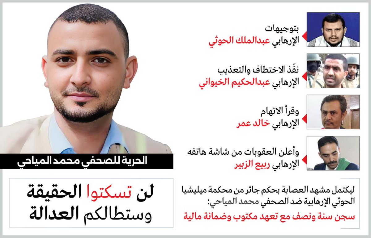 emranalkhaleq's tweet photo. حكم حوثي جائر على الصحفي محمد المياحي بأوامر الإرهابي عبدالملك وزبانيته

ـ  بتوجيهات الإرهابي عبدالملك الحوثي

ـ نفّذ الاختطاف والتعذيب الإرهابي عبدالحكيم الخيواني

ـ وقرأ الاتهام الإرهابي خالد عمر

ـ وأعلن العقوبات من شاشة هاتفه الإرهابي ربيع الزبير

* ليكتمل مشهد العصابة بحكم جائر من محكمة ميليشيا الحوثي الإرهابية ضد الصحفي محمد المياحي:
 سجن سنة ونصف مع تعهد مكتوب وضمانة مالية.

 الحرية للصحفي محمد المياحي
 لن تسكتوا الحقيقة وستطالكم العدالة