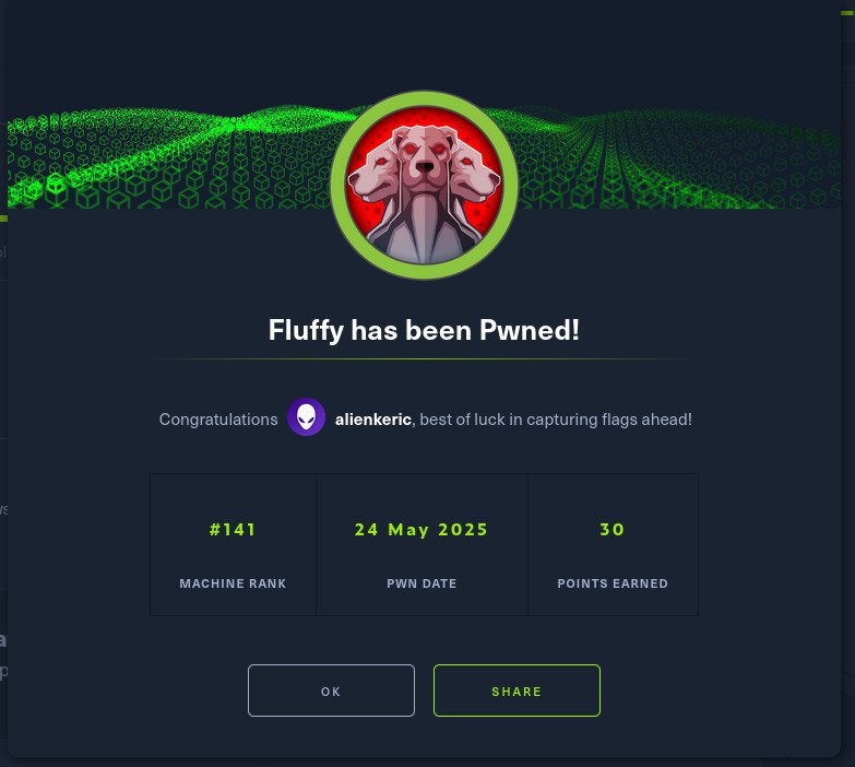Well this was very interesting machine for the weekend, but with my opinion this was supposed atleast to be medium 😁. anyway Ggs #htb #fluffy #urchinsec