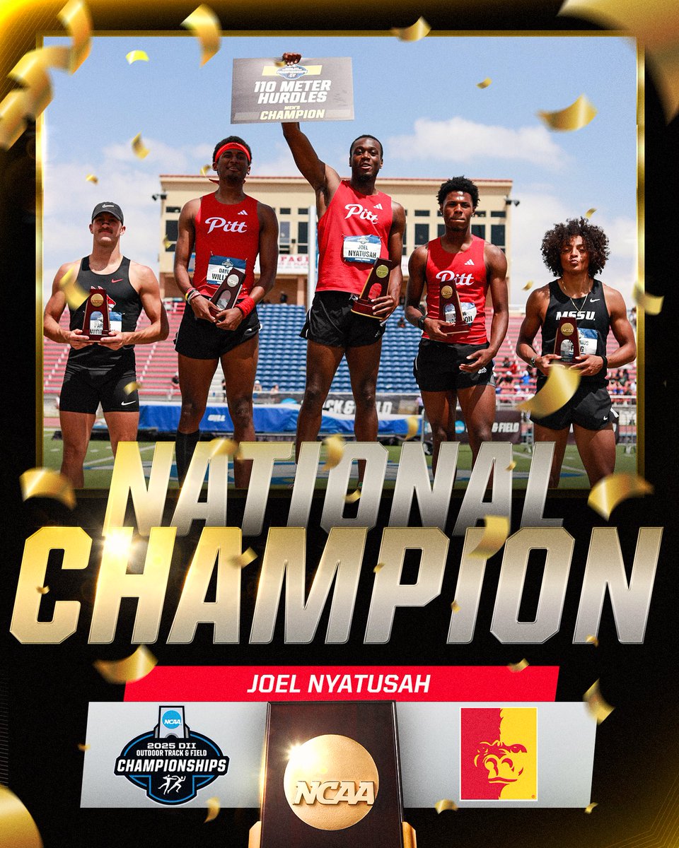 NCAA Division II (@ncaadii) on Twitter photo Hurdled his way to the ‘ship 🏆
Joel Nyatusah of <a href="/GorillasTrack/">Pitt State Track & Field</a> is the 2025 DII Outdoor Men’s 110m Hurdles National Champion!
#D2MOTF | #MakeItYours Hurdled his way to the ‘ship 🏆
Joel Nyatusah of <a href="/GorillasTrack/">Pitt State Track & Field</a> is the 2025 DII Outdoor Men’s 110m Hurdles National Champion!
#D2MOTF | #MakeItYours