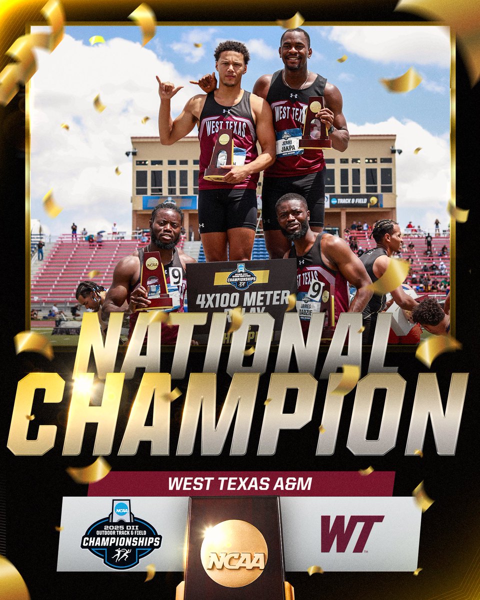 NCAA Division II (@ncaadii) on Twitter photo Speed from West Texas to Pueblo ๐จ
The Menโs 4x100 team of <a href="/WTAMU_XCTF/">WTAMU TrackXC</a> is the National Champion in the 2025 DII Outdoor 4x100!
#D2MOTF | #MakeItYours Speed from West Texas to Pueblo ๐จ
The Menโs 4x100 team of <a href="/WTAMU_XCTF/">WTAMU TrackXC</a> is the National Champion in the 2025 DII Outdoor 4x100!
#D2MOTF | #MakeItYours