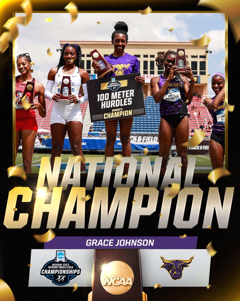NCAA Division II (@ncaadii) on Twitter photo Grace wins the race π₯
Grace Johnson of <a href="/MinnStTrackXC/">Minnesota State University T&F/XC</a> is the 2025 DII Outdoor Womenβs 100m Hurdles National Champion!
#D2WOTF | #MakeItYours Grace wins the race π₯
Grace Johnson of <a href="/MinnStTrackXC/">Minnesota State University T&F/XC</a> is the 2025 DII Outdoor Womenβs 100m Hurdles National Champion!
#D2WOTF | #MakeItYours