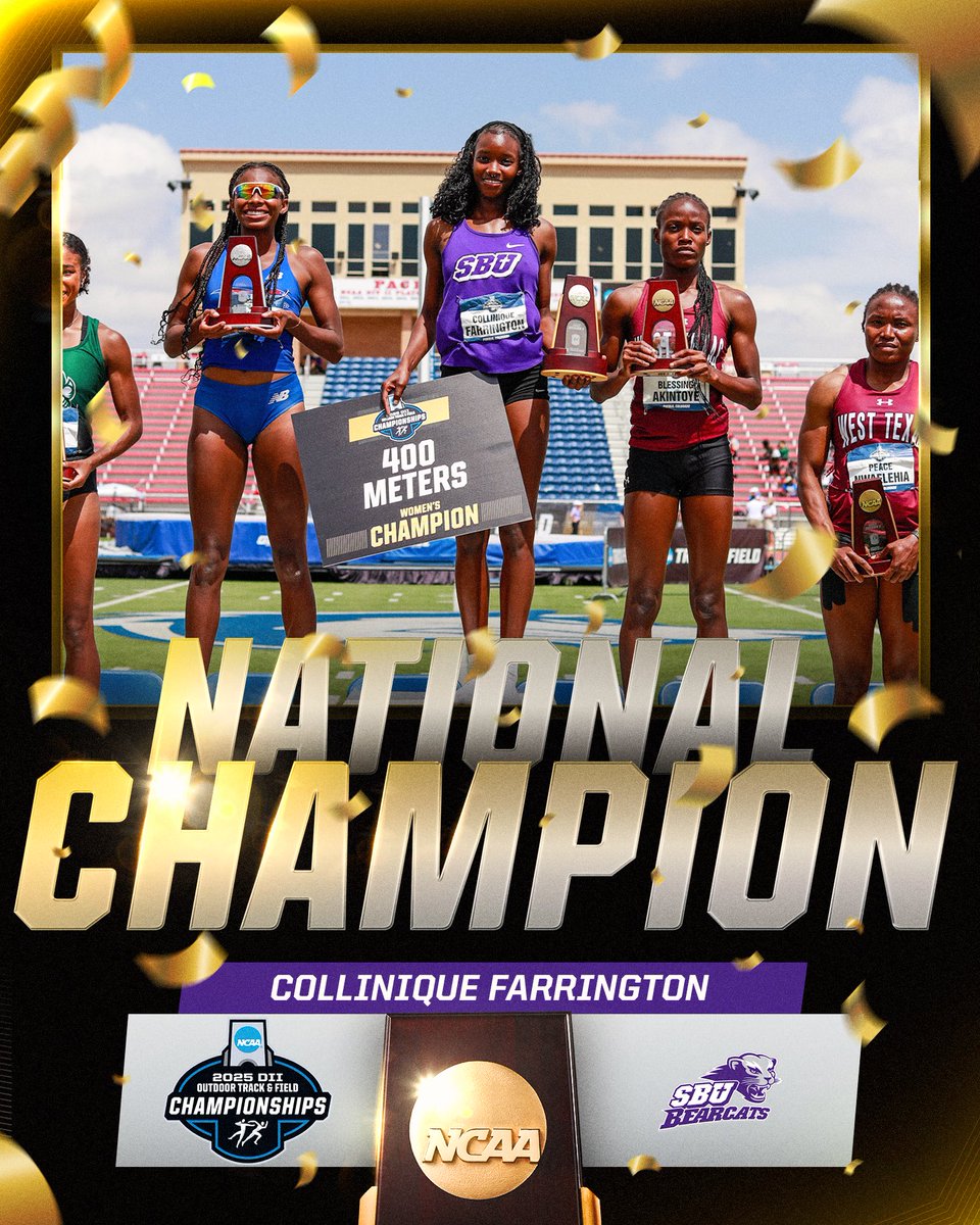 NCAA Division II (@ncaadii) on Twitter photo Trophy time 🏆
Collinique Farrington of <a href="/sbubearcats/">SBU Bearcats Athletics</a> is the 2025 DII Outdoor Women’s 400m National Champion!
#D2WOTF | #MakeItYours Trophy time 🏆
Collinique Farrington of <a href="/sbubearcats/">SBU Bearcats Athletics</a> is the 2025 DII Outdoor Women’s 400m National Champion!
#D2WOTF | #MakeItYours