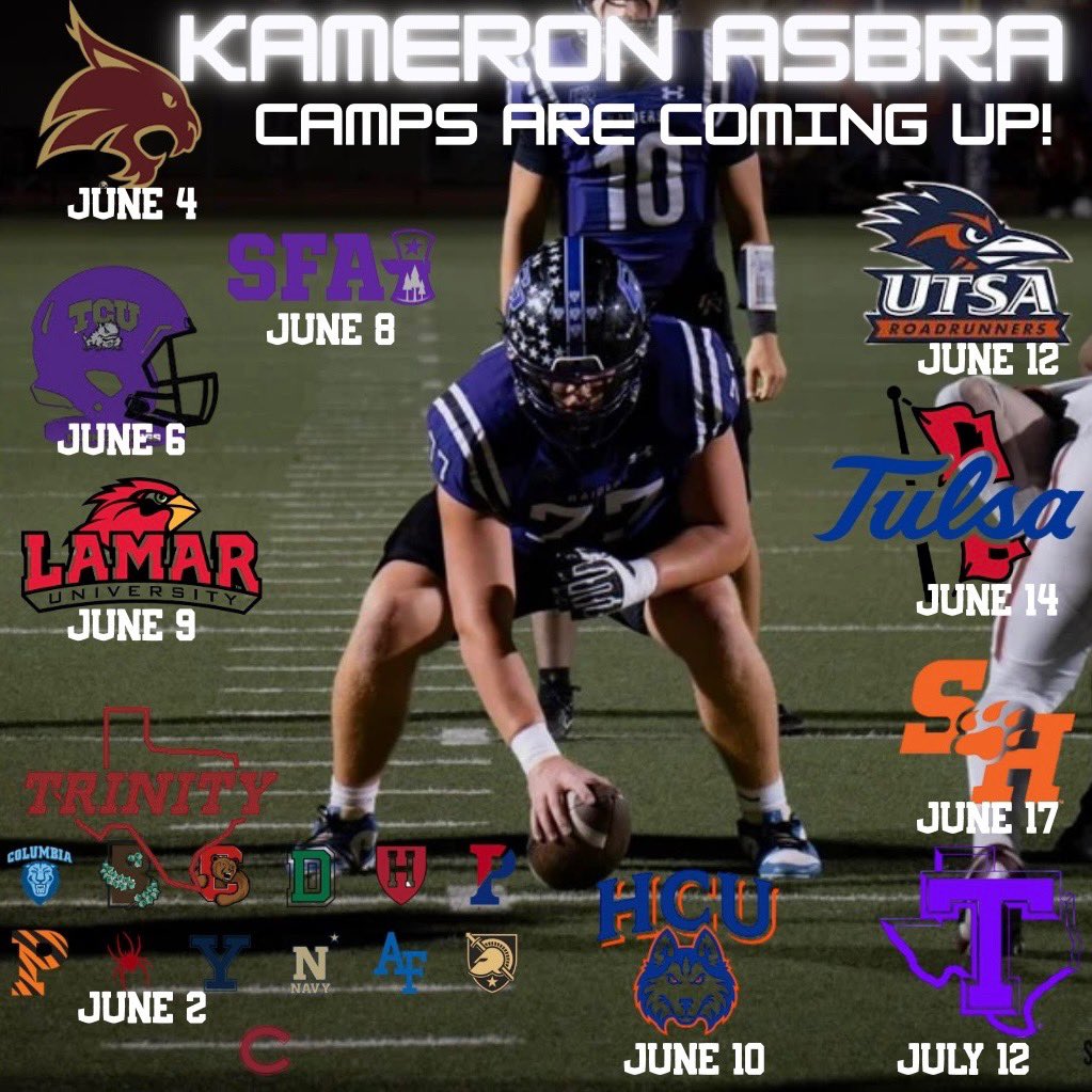 Kameron Asbra (@kameronasbra) on Twitter photo This is my upcoming summer camp schedule, Huge thanks to all the coaches that invited me out! and I can’t wait to show everyone what i’m really about, and the improvements that have been made!
<a href="/SFACoachGraf/">Garrett Graf</a> <a href="/Coach_Cannata/">Matt Cannata</a> <a href="/KurtTraylor/">Coach Kurt Traylor</a> <a href="/Coach_Felan/">Matthew Felan</a> <a href="/andrewcobus/">Coach Cobus</a> <a href="/CoachLytal/">TUFB Coach_Lytal</a> This is my upcoming summer camp schedule, Huge thanks to all the coaches that invited me out! and I can’t wait to show everyone what i’m really about, and the improvements that have been made!
<a href="/SFACoachGraf/">Garrett Graf</a> <a href="/Coach_Cannata/">Matt Cannata</a> <a href="/KurtTraylor/">Coach Kurt Traylor</a> <a href="/Coach_Felan/">Matthew Felan</a> <a href="/andrewcobus/">Coach Cobus</a> <a href="/CoachLytal/">TUFB Coach_Lytal</a>