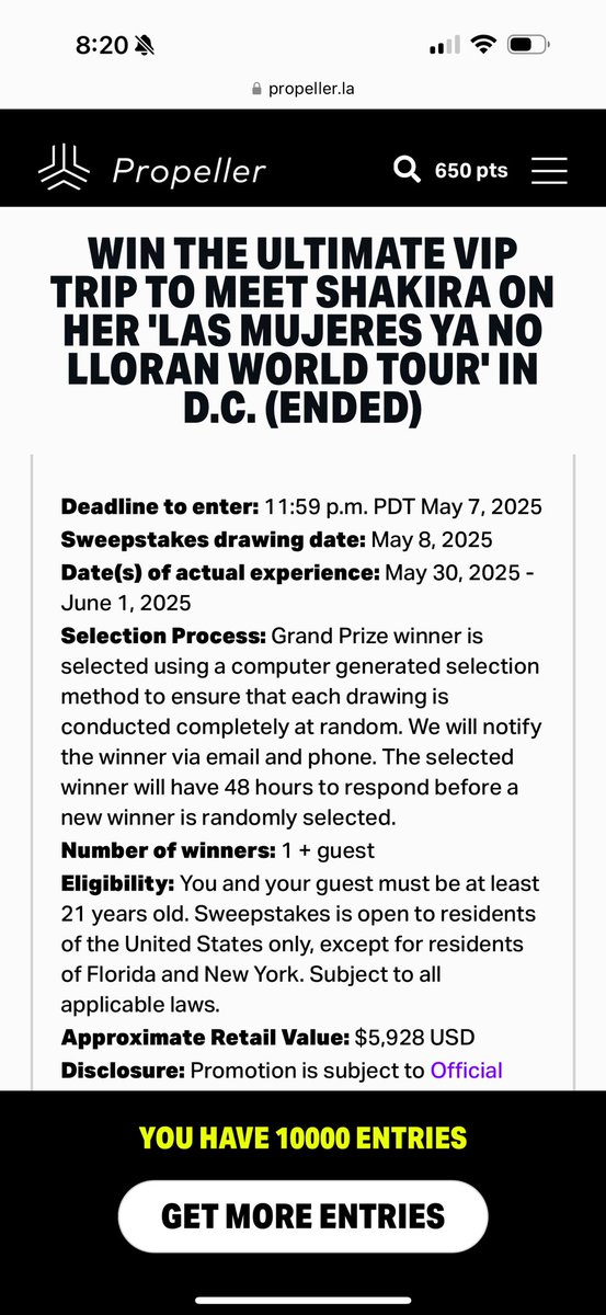 DoubleA_D_J's tweet photo. @Proplr has lost all credibility with me.  According to their contest rules, residents from New York were ineligible to enter the Shakira contest.  However, they selected a winner from New York.  When called out, they removed the winners state from the website. @HRC @shakira https://t.co/CFntoowbzQ