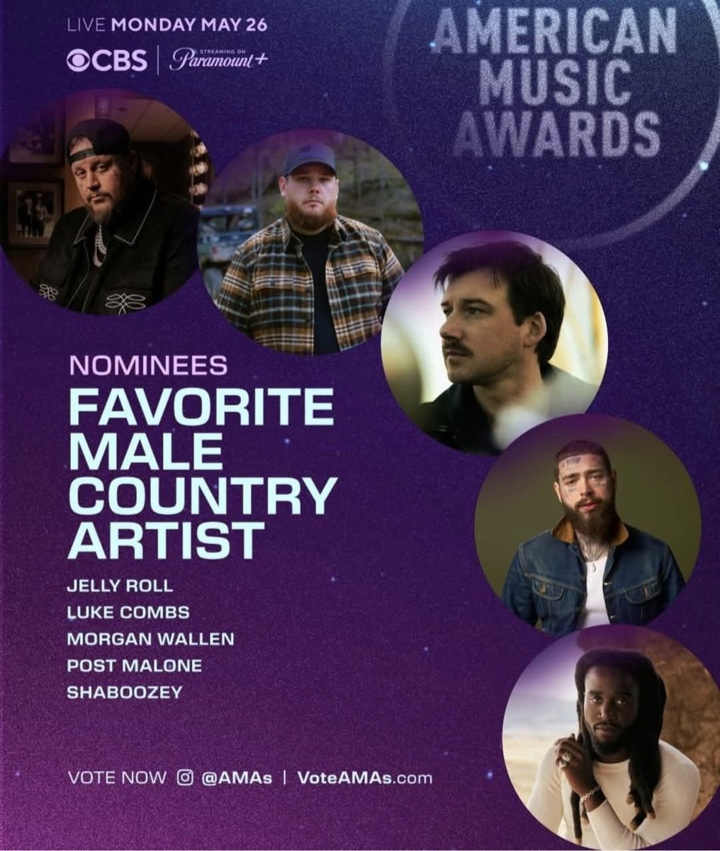 The American Music Awards are just 2 days away. #AMAs

Who do you think will win Favorite Male Country Artist?

 ▪︎ <a href="/JellyRoll615/">Jelly Roll</a> 
 ▪︎ <a href="/lukecombs/">Luke Combs 🎤</a> 
 ▪︎ <a href="/MorganWallen/">morgan wallen</a> 
 ▪︎ <a href="/PostMalone/">Post Malone</a> 
 ▪︎ <a href="/ShaboozeysJeans/">Shaboozey</a>
