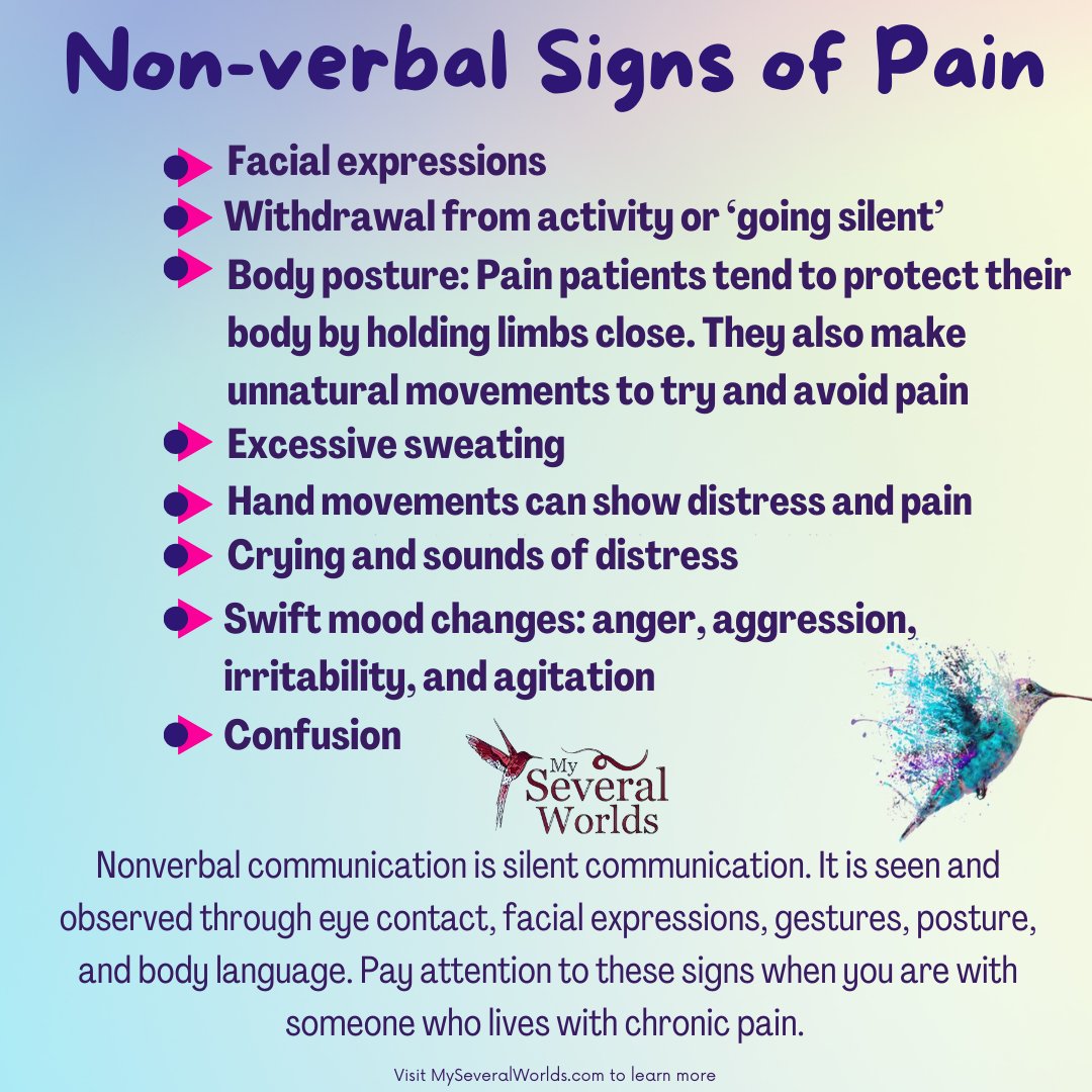 globetrotteri's tweet photo. Non verbal signs of pain
😟 Facial expressions
🧍‍♀️Body posture. 
😭 Crying &amp; sounds of distress
🫥 Withdraw into silence 
🤬 Mood changes
😕 Confusion
👐 Hand movements show distress 
🥵 Excessive sweating
🔗
https://t.co/1PROUlQMkx

#FibromyalgiaAwarenessMonth #ArthritisAwarenes https://t.co/PjWamxX8mj