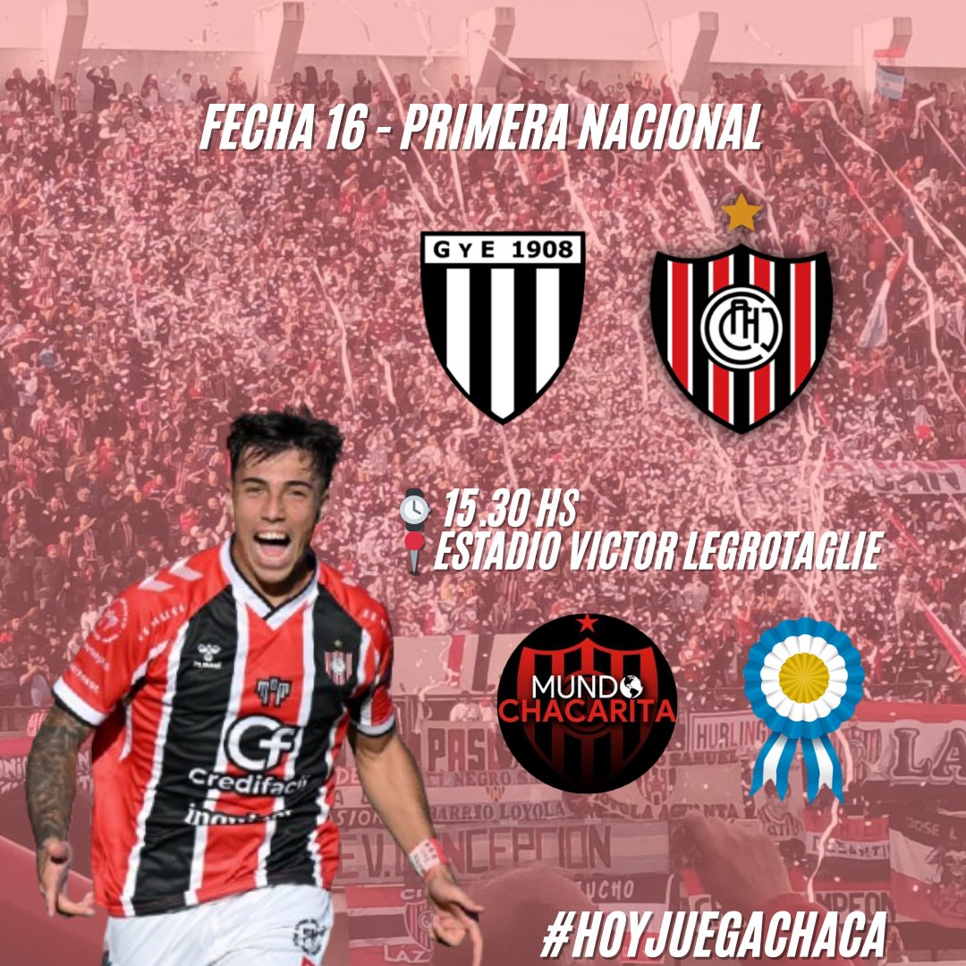 #HoyJuegaChaca

🆚️ Gimnasia y Esgrima de Mendoza 
⌚️ 15.30 hs
👨‍⚖️ Bruno Amiconi
📍 Estadio Victor Legrotaglie
📻 FM 101.9 <a href="/Sol_de_Octubre/">FM Sol de Octubre</a> y FM 103.9 <a href="/NdRradio/">NdR Radio FM 103.9</a>
📺 Facebook Live: Mundo Chacarita