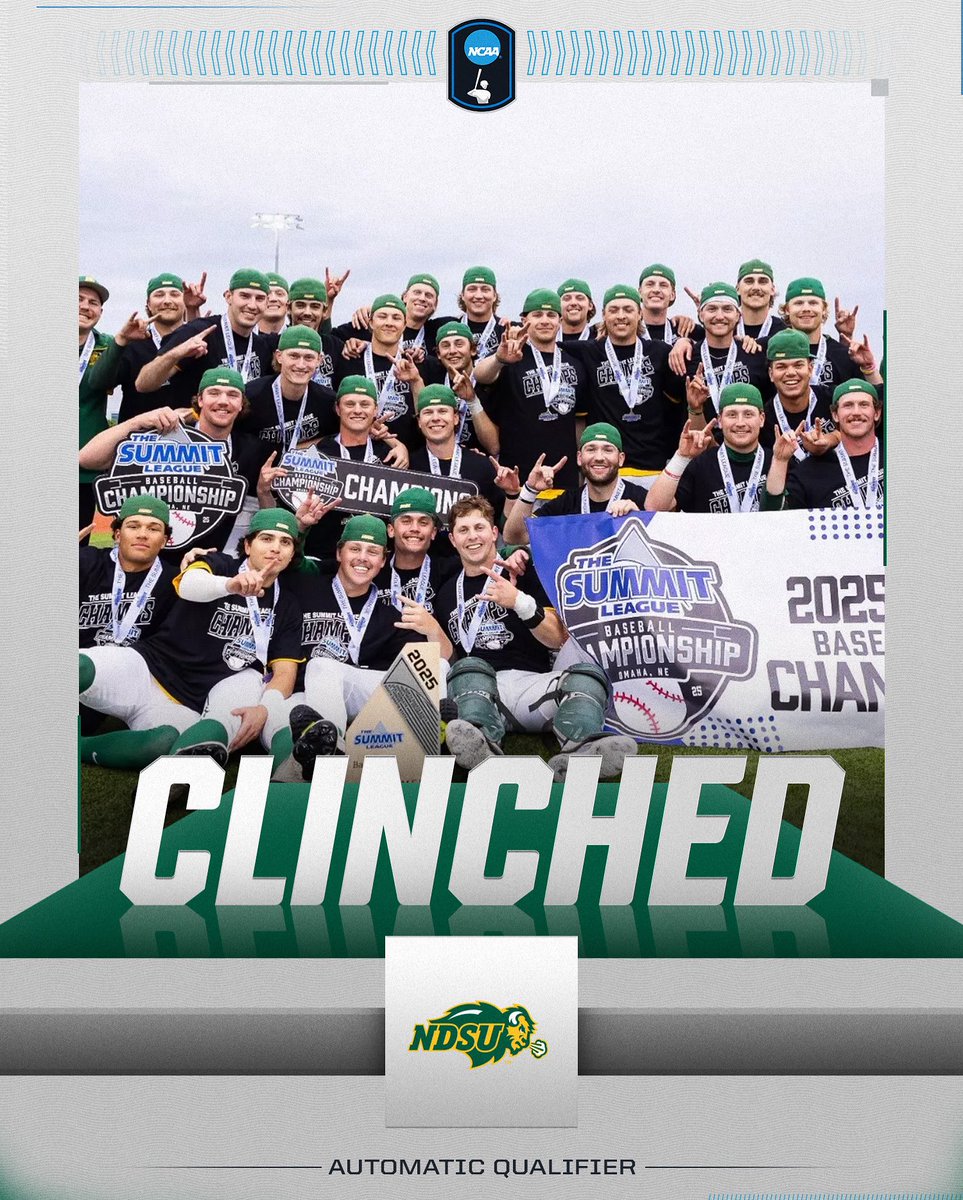 NCAA Baseball (@ncaabaseball) on Twitter photo ๐ฆฌ CLINCHED ๐ฆฌ
<a href="/NDSUbaseball/">NDSU Baseball</a> defeated Oral Roberts 4-2 to win the <a href="/TheSummitLeague/">The Summit League</a> and secure the AQ for the #RoadToOmaha.
#NCAABaseball ๐ฆฌ CLINCHED ๐ฆฌ
<a href="/NDSUbaseball/">NDSU Baseball</a> defeated Oral Roberts 4-2 to win the <a href="/TheSummitLeague/">The Summit League</a> and secure the AQ for the #RoadToOmaha.
#NCAABaseball