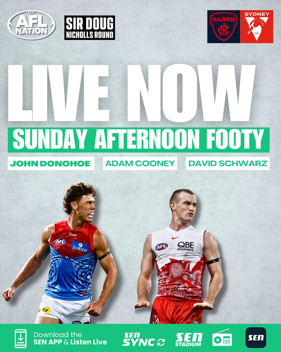 Dees and Swans today. Join Donners, Coons and the Ox now for our extended pre-game.

📲 Listen 𝐋𝐈𝐕𝐄 on the 𝗦𝗘𝗡 𝗔𝗽𝗽!

📲 sen.lu/SENApp
🎧 sen.lu/SENFanatic

#AFLDeesSwans #AFL 🏆